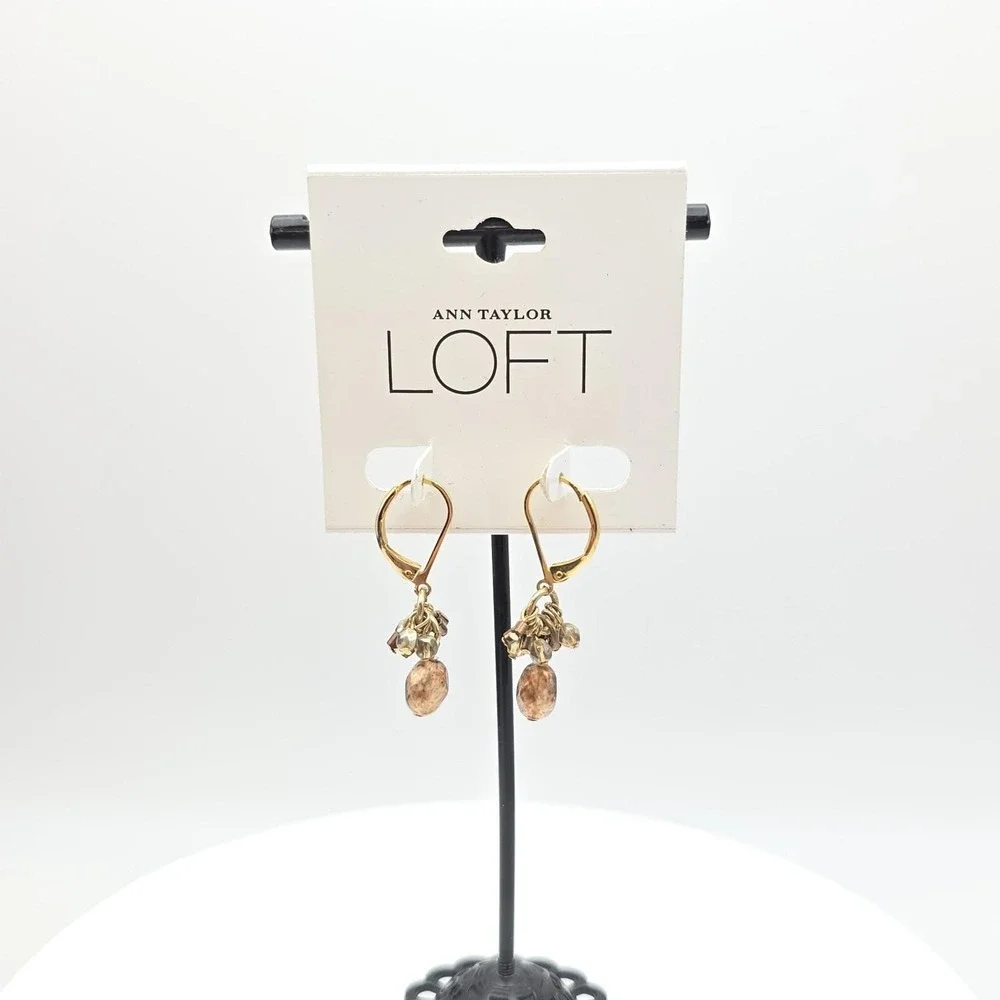 ANN TAYLOR LOFT‎ Earrings Dangle Crystal Stone Metal Beads Gold Plate Leverback